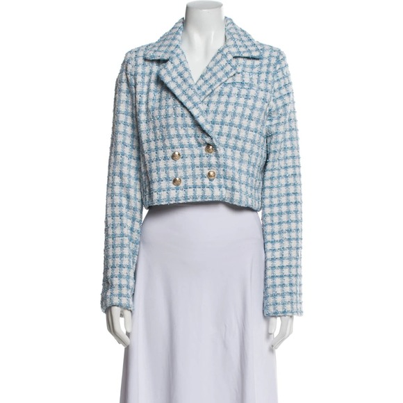 Jason Wu Women Tweed Blazer 6 Blue White Plaid Gold Buttons Preppy Clueless Crop - Picture 1 of 11